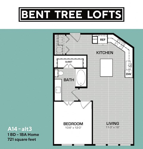 Floor plan for 1 bed, 1 bath, 721 sqft